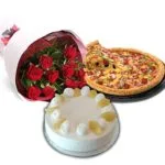 2 lbs cake 24 red roses pizza
