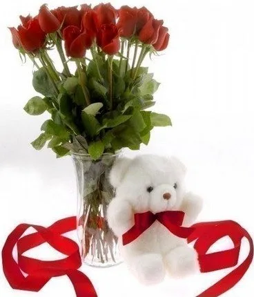 24 Red Roses in a vase with a teddy bear