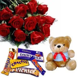 Roses with Teddy and Chocolates