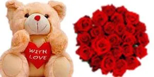 24 Red Roses with Cute Bear