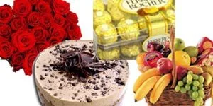 24 Red Roses- 2Lbs Hotel Cake- Chocolates - Fruit