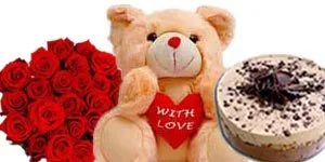 24 Red Roses- Cute Bear and 2 Lbs Hotel Cake