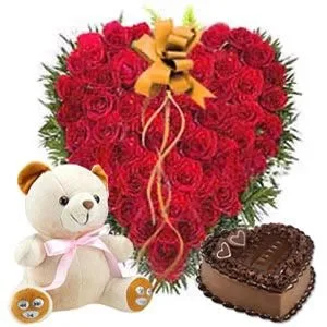 Heart Red Roses with bear and Cake